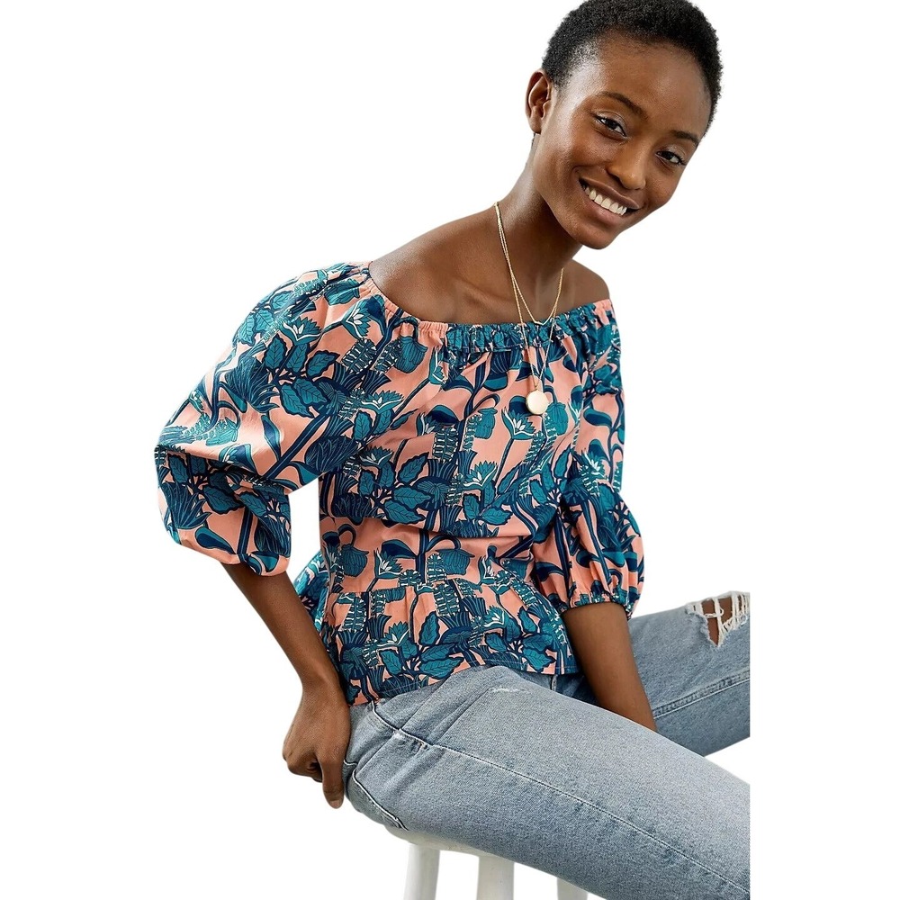 Anthropologie Pink and Teal Floral Off-Shoulder Peplum Blouse